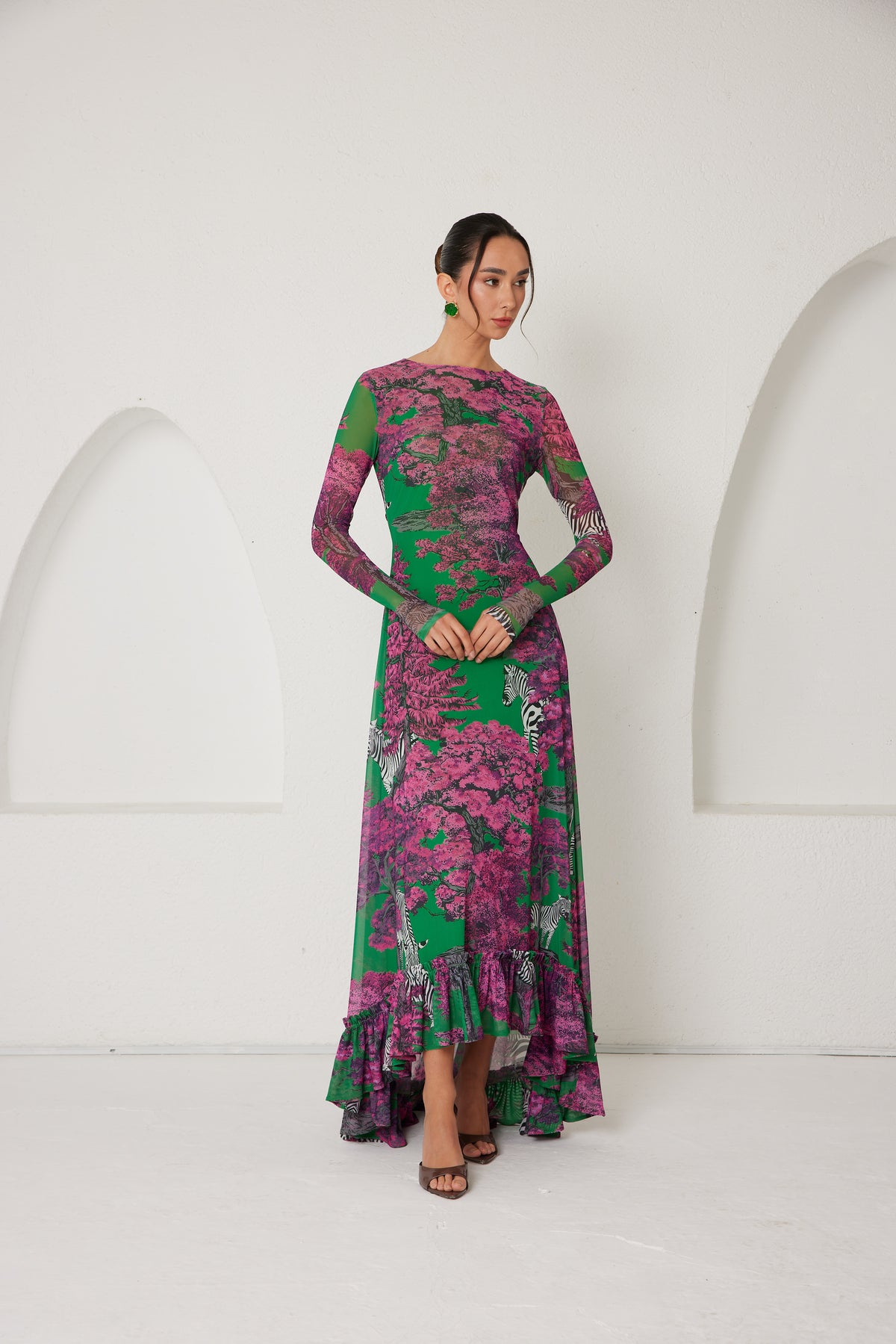 High-Low Dress – Dreamscape Safari- Green/Pink