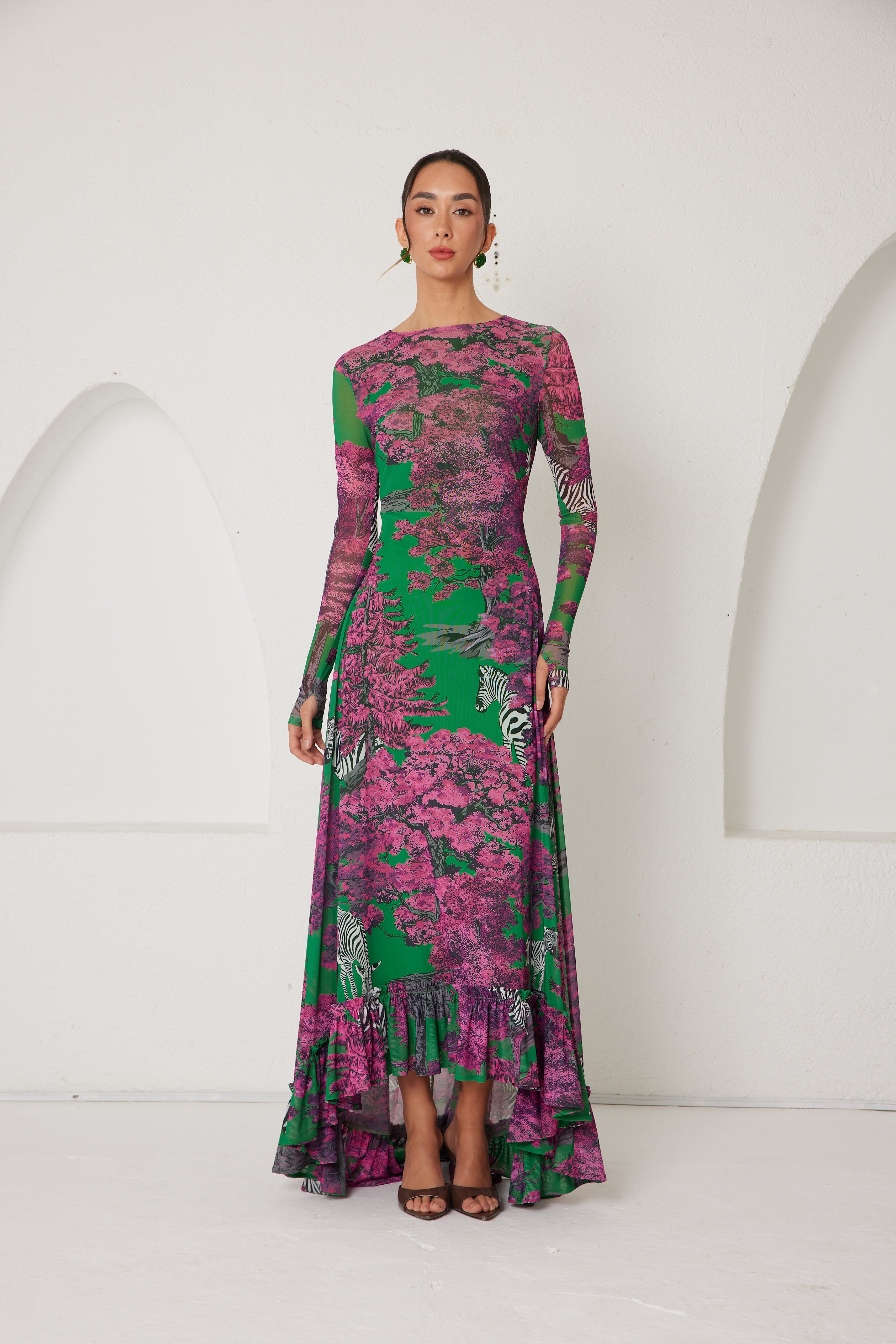High-Low Dress – Dreamscape Safari- Green/Pink