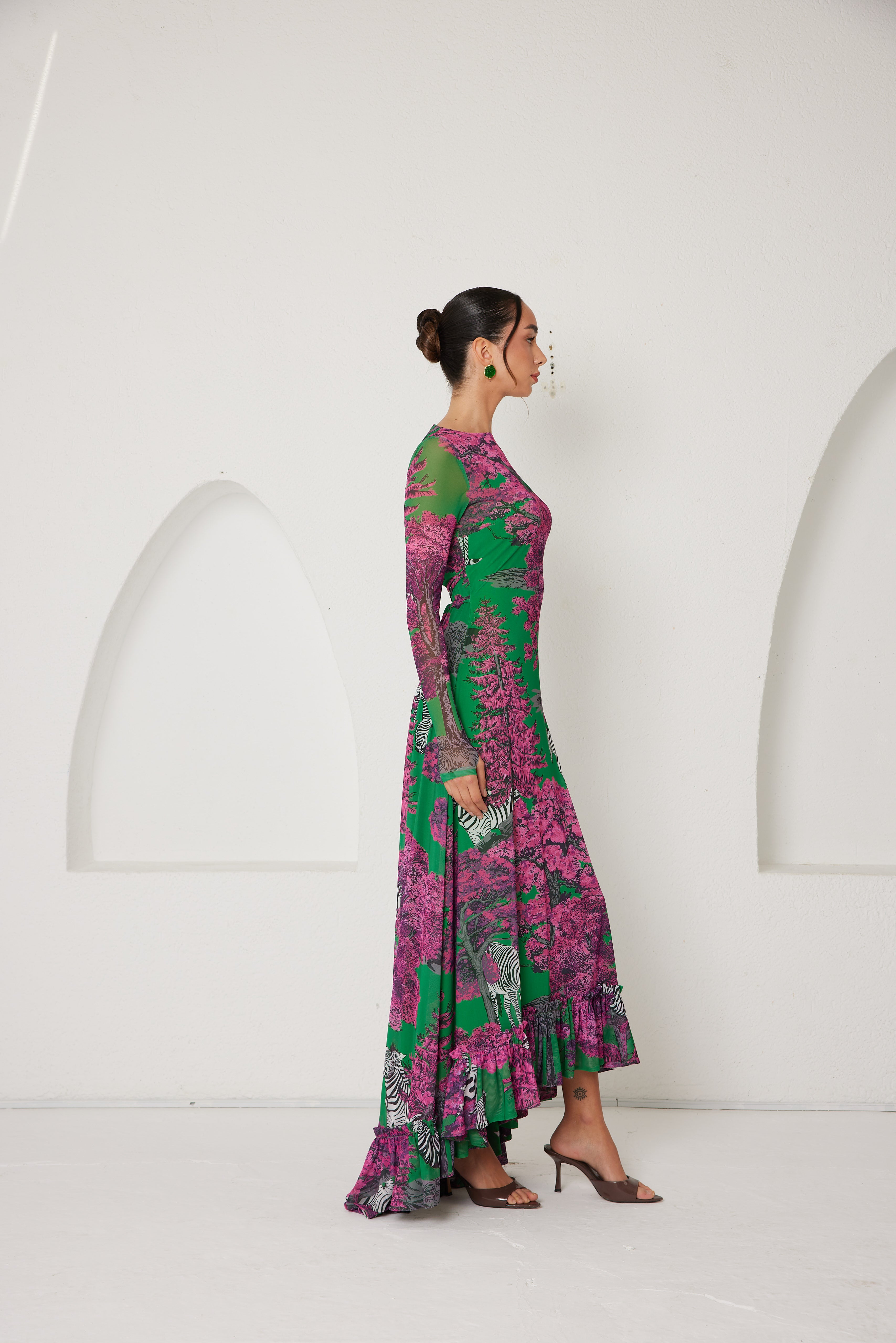 High-Low Dress – Dreamscape Safari- Green/Pink