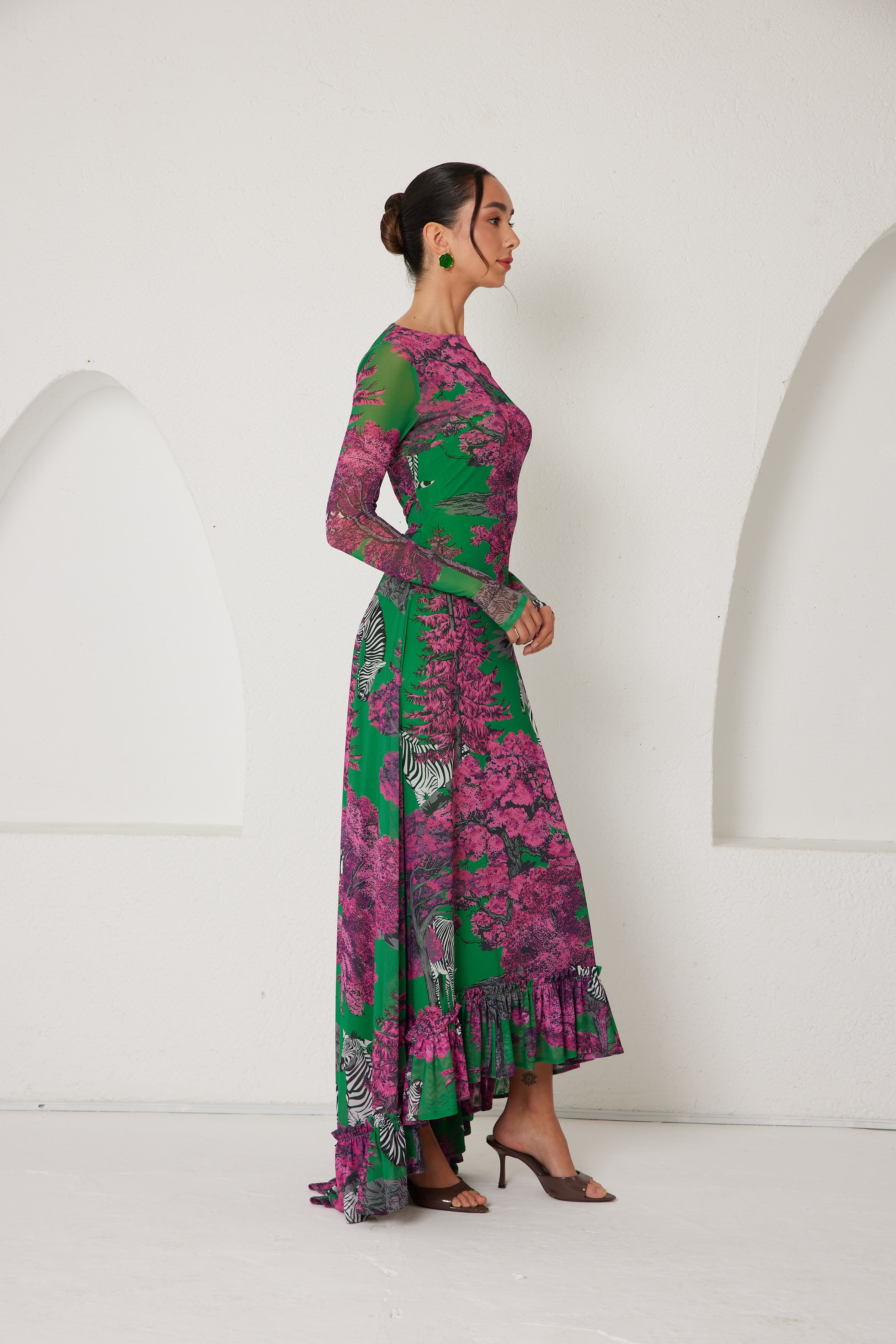 High-Low Dress – Dreamscape Safari- Green/Pink