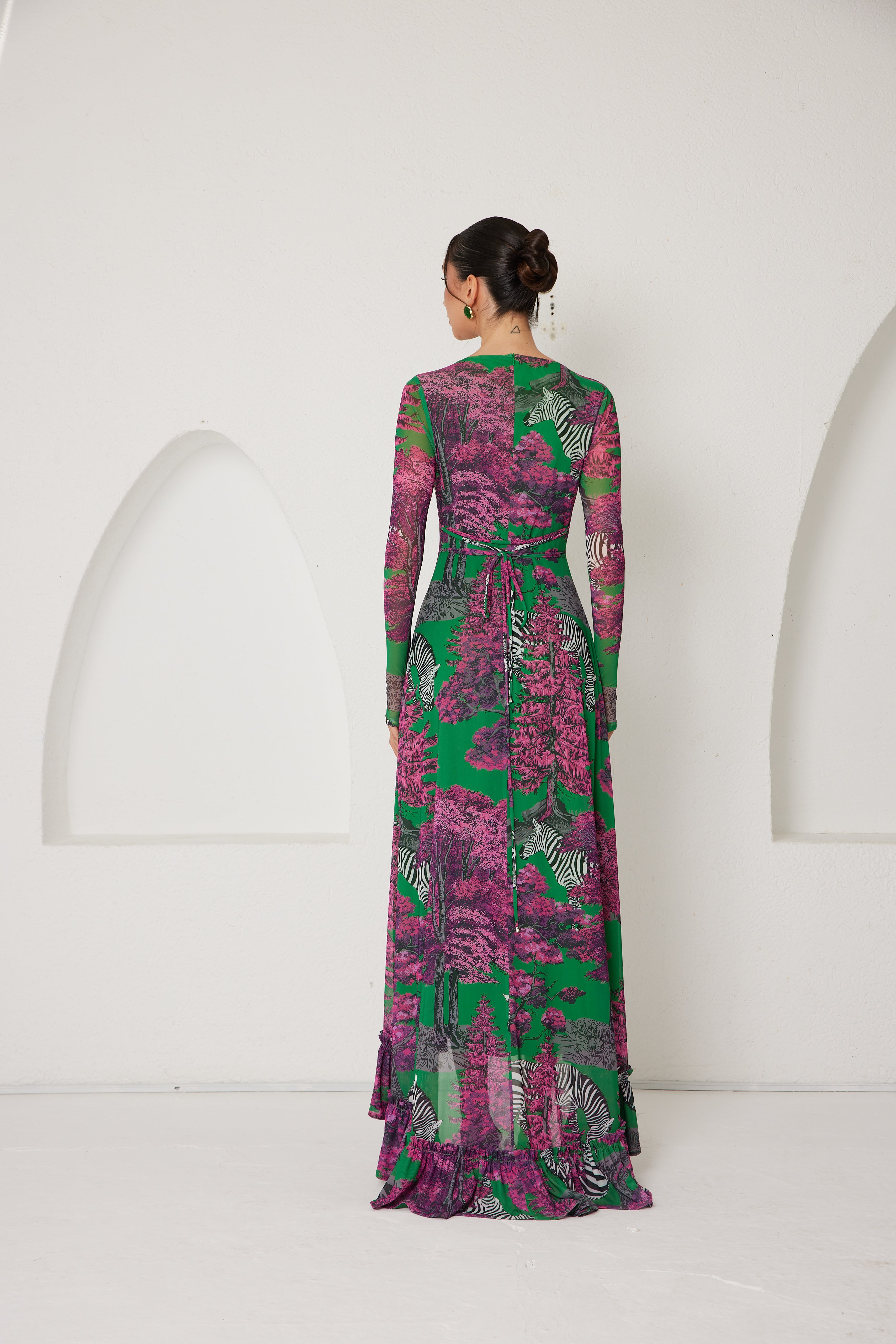 High-Low Dress – Dreamscape Safari- Green/Pink