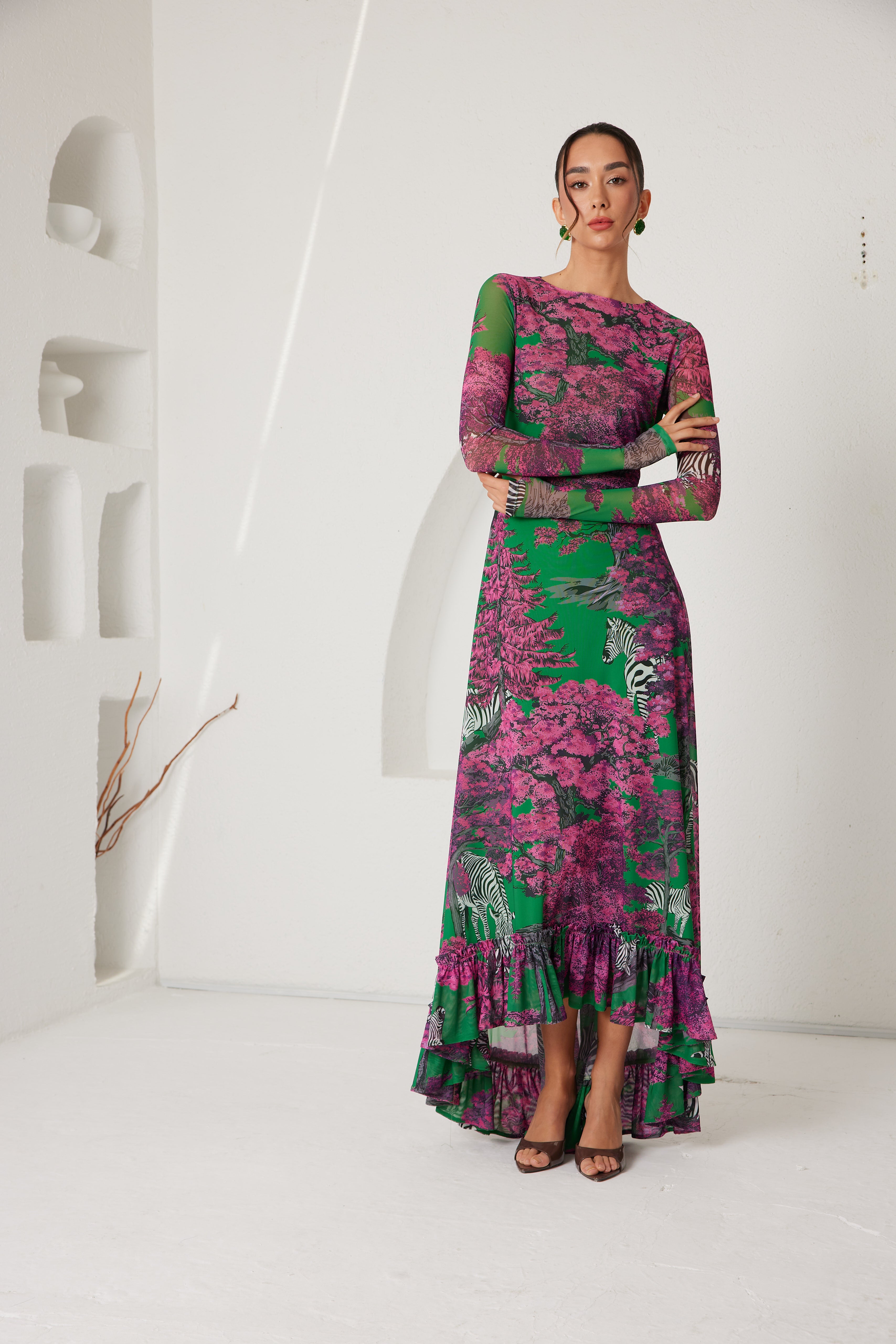 High-Low Dress – Dreamscape Safari- Green/Pink
