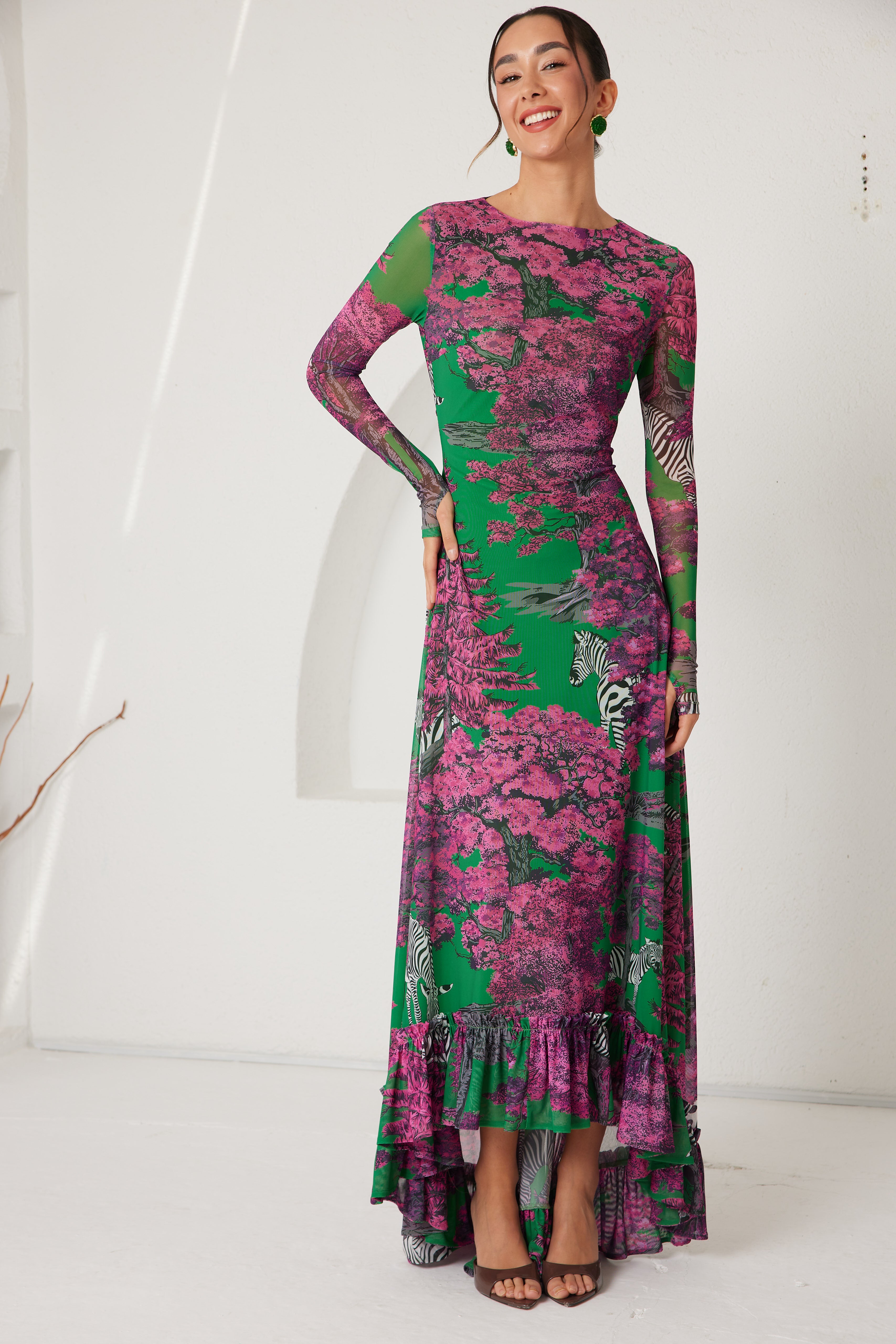 High-Low Dress – Dreamscape Safari- Green/Pink