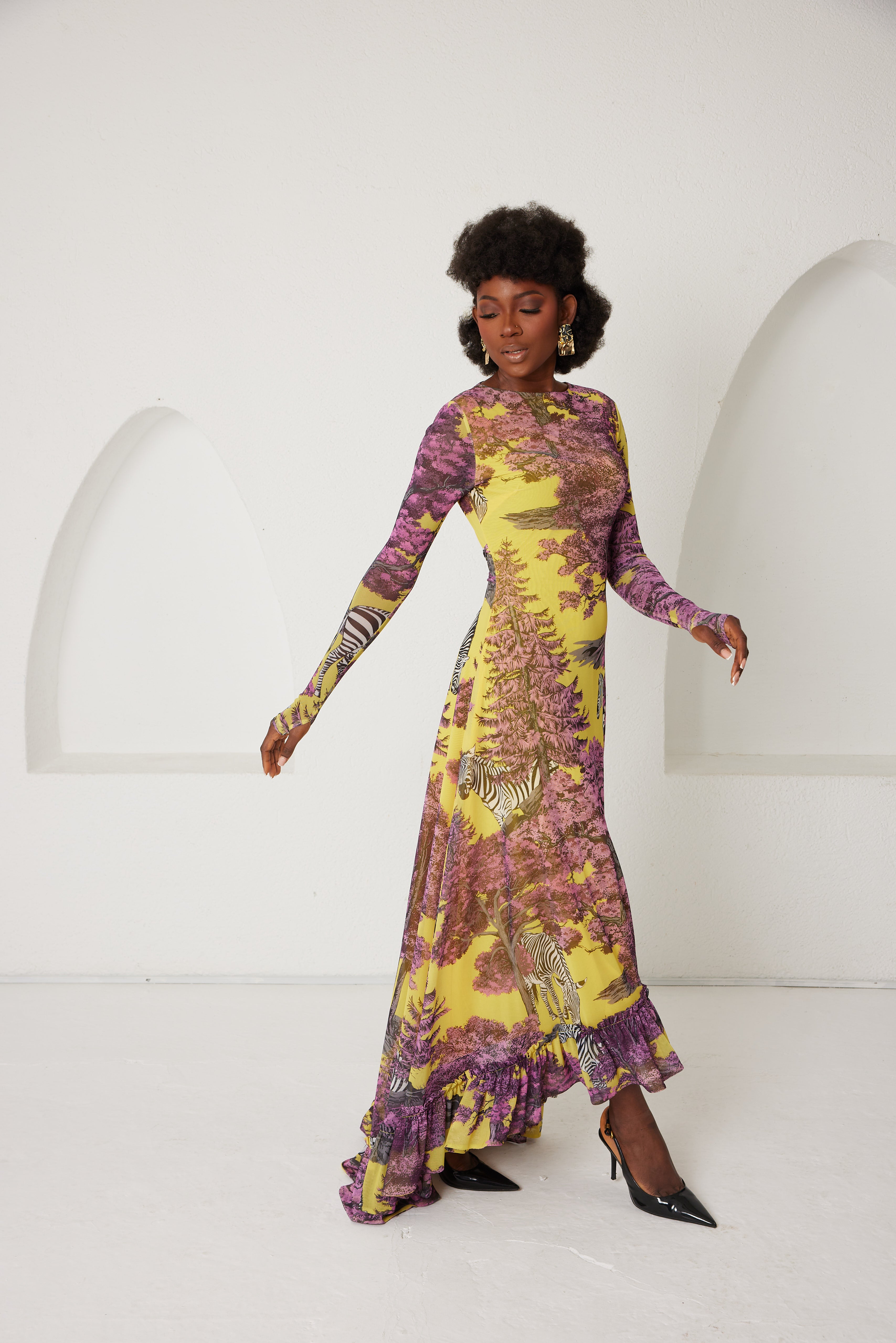 High-Low Dress – Dreamscape Safari- Yellow/Pink