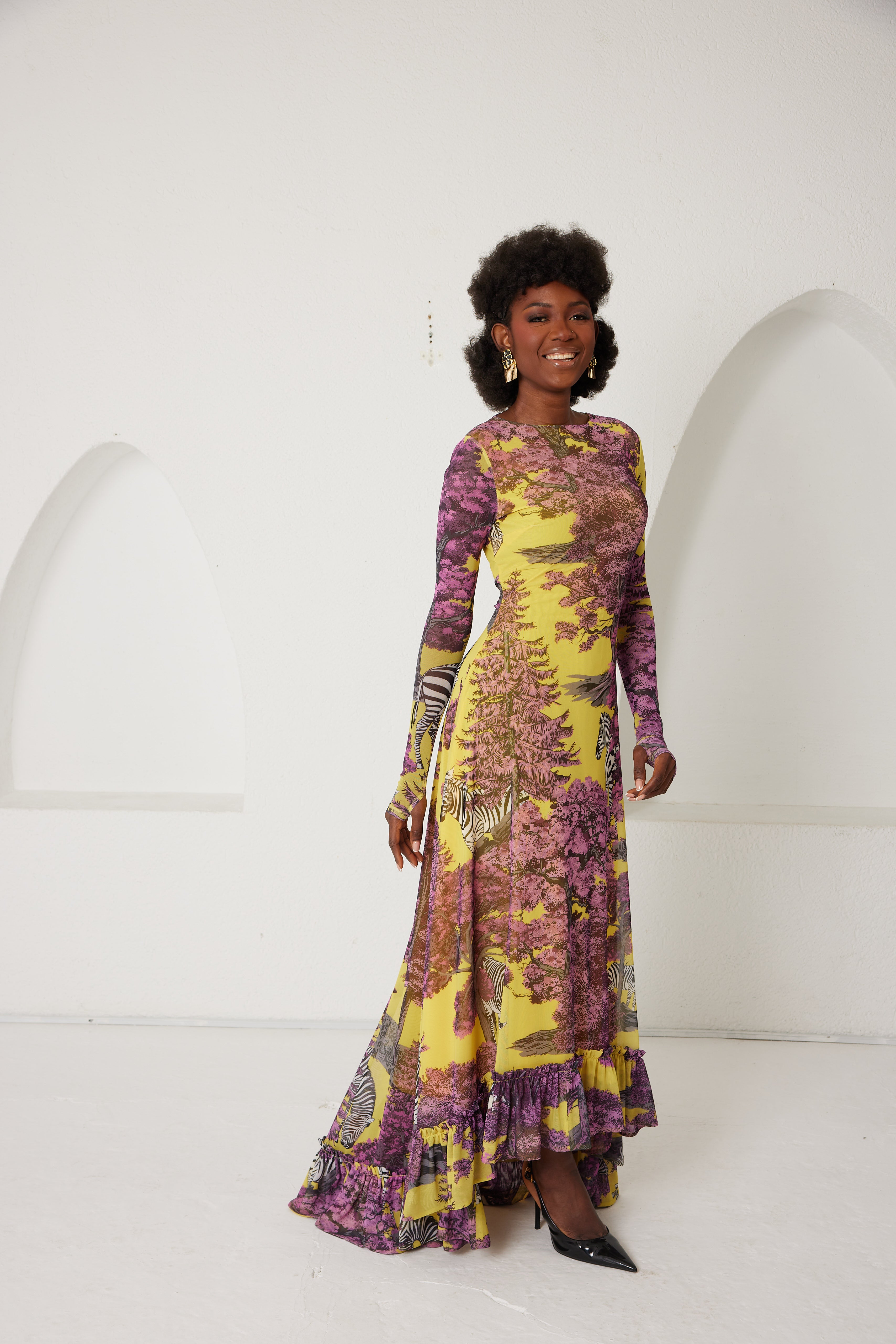 High-Low Dress – Dreamscape Safari- Yellow/Pink