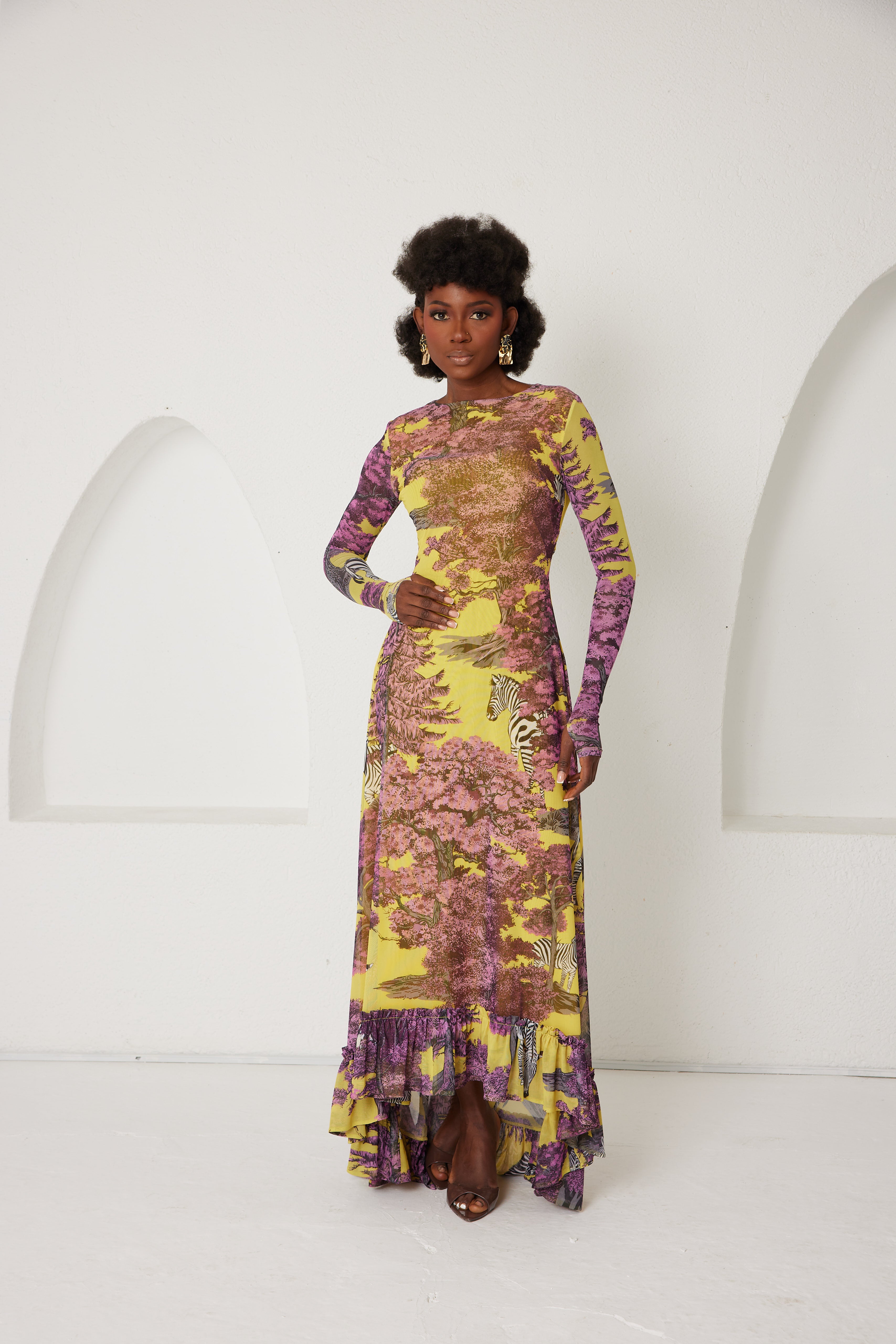 High-Low Dress – Dreamscape Safari- Yellow/Pink