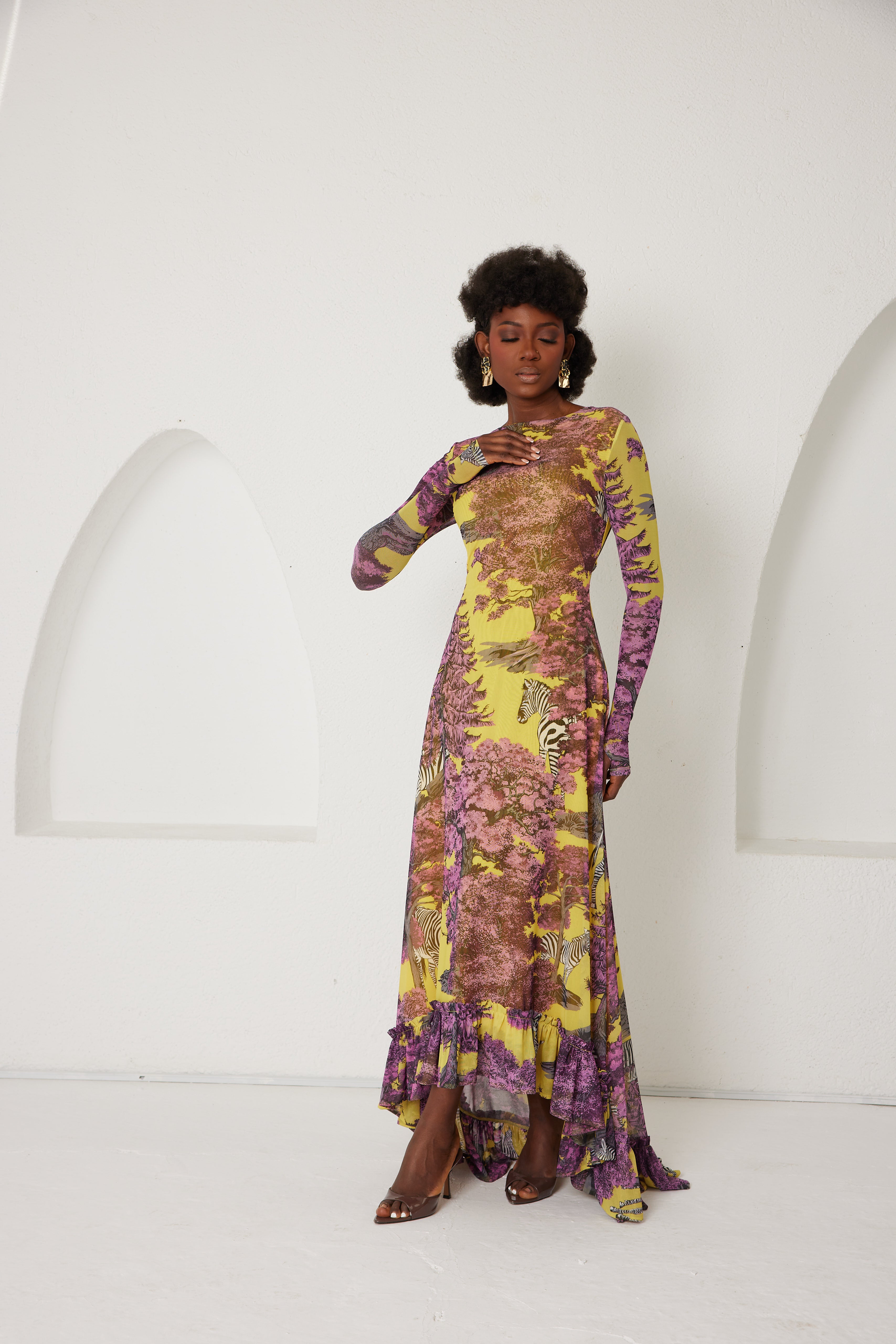 High-Low Dress – Dreamscape Safari- Yellow/Pink