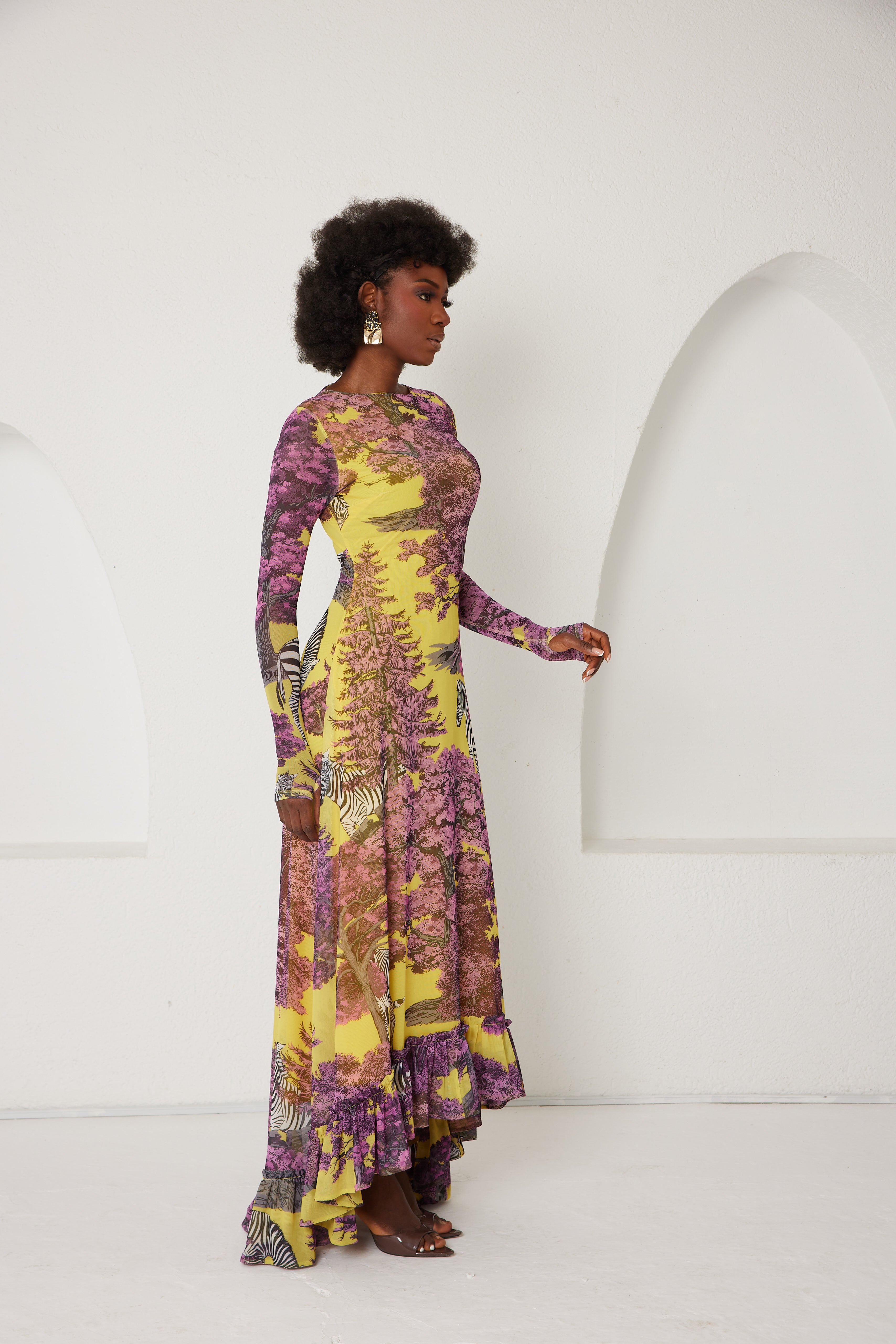 High-Low Dress – Dreamscape Safari- Yellow/Pink