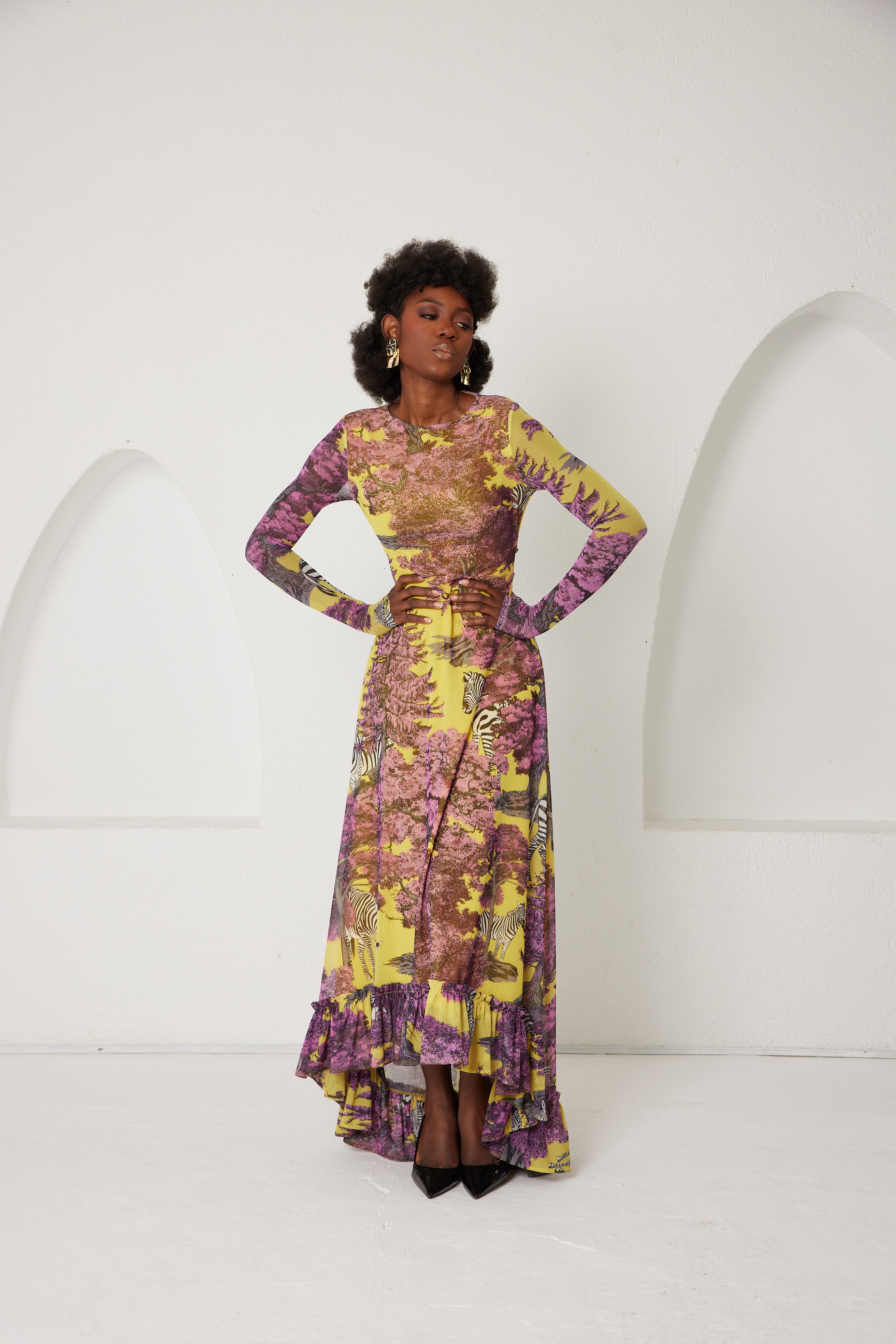 High-Low Dress – Dreamscape Safari- Yellow/Pink