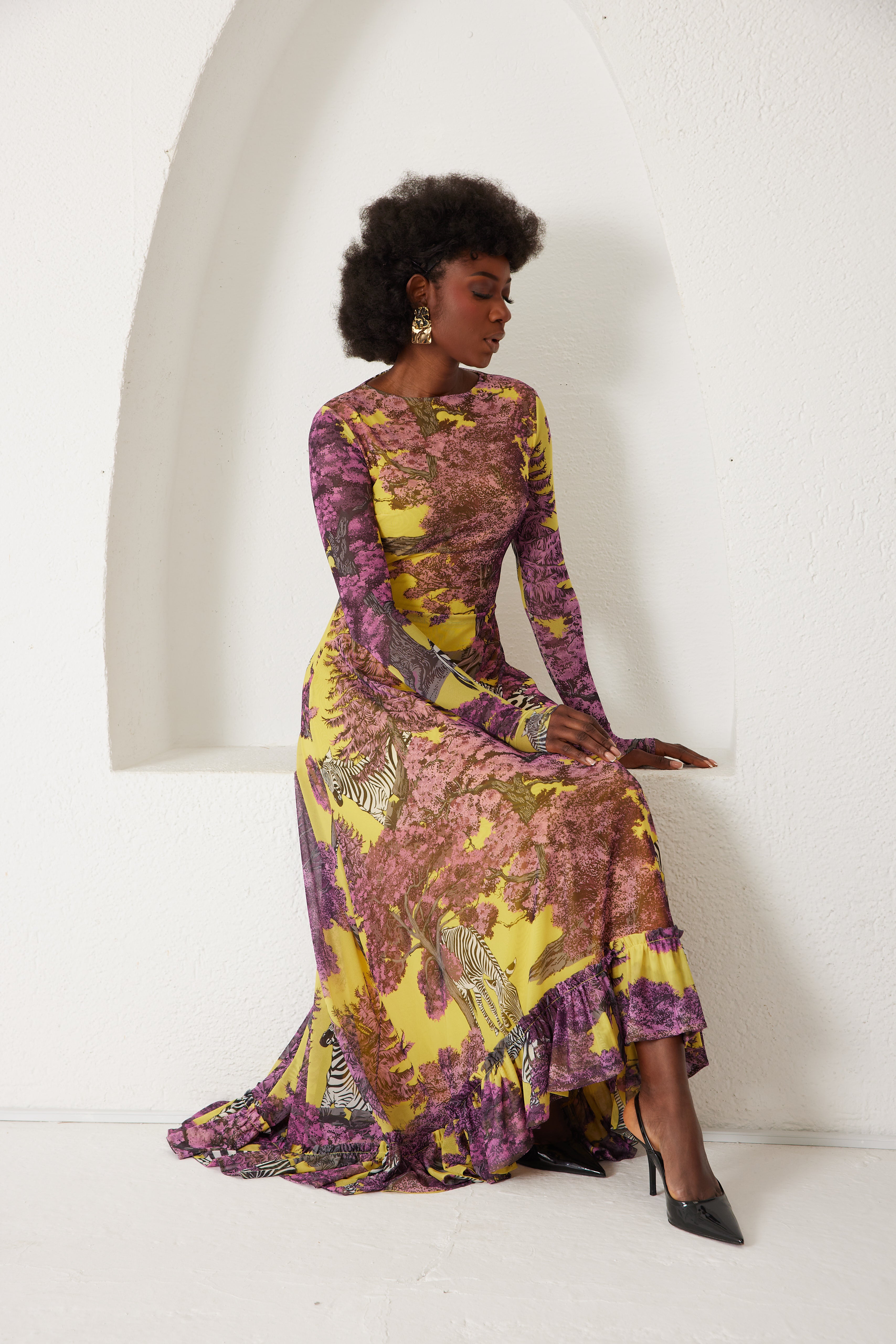 High-Low Dress – Dreamscape Safari- Yellow/Pink