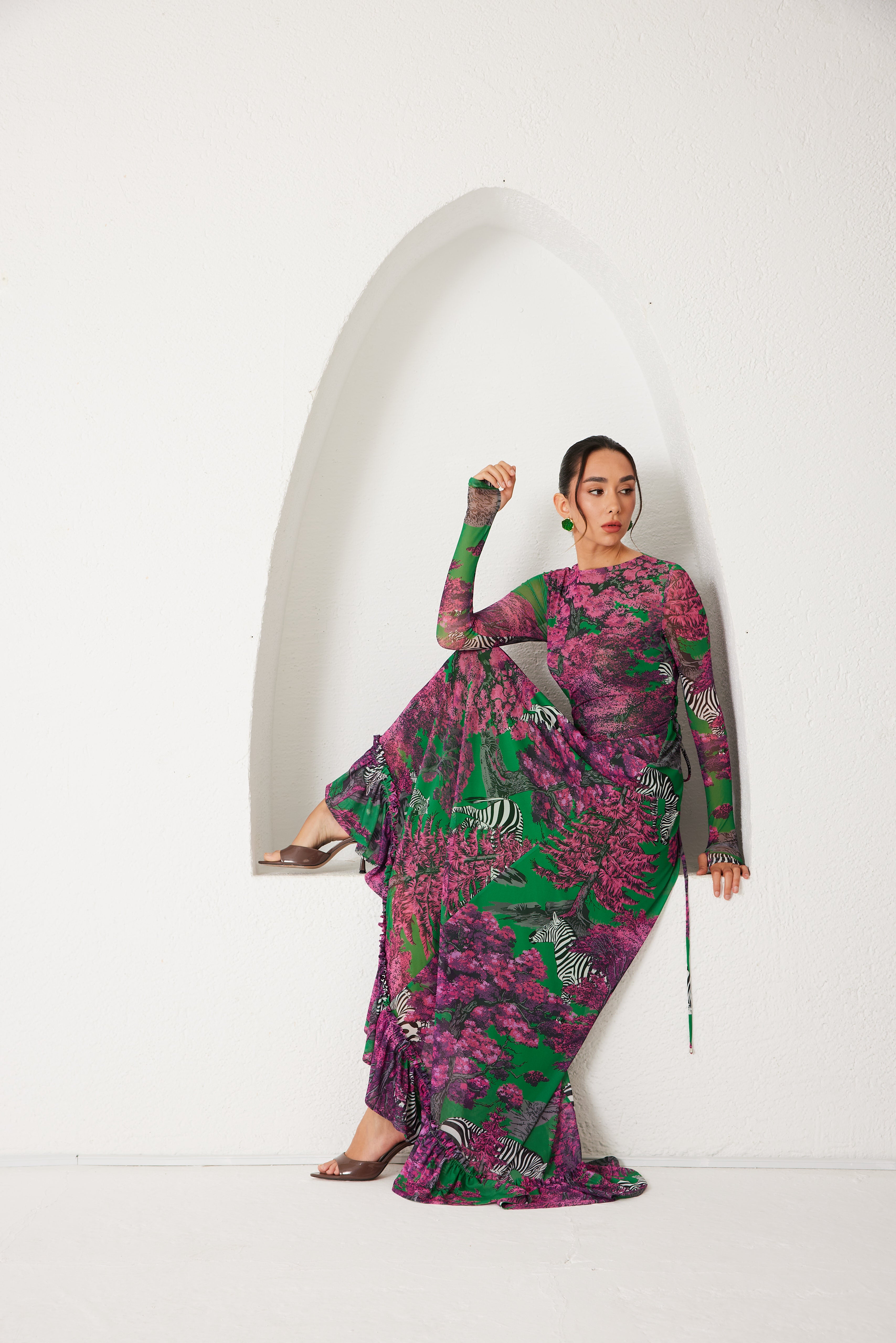 High-Low Dress – Dreamscape Safari- Green/Pink