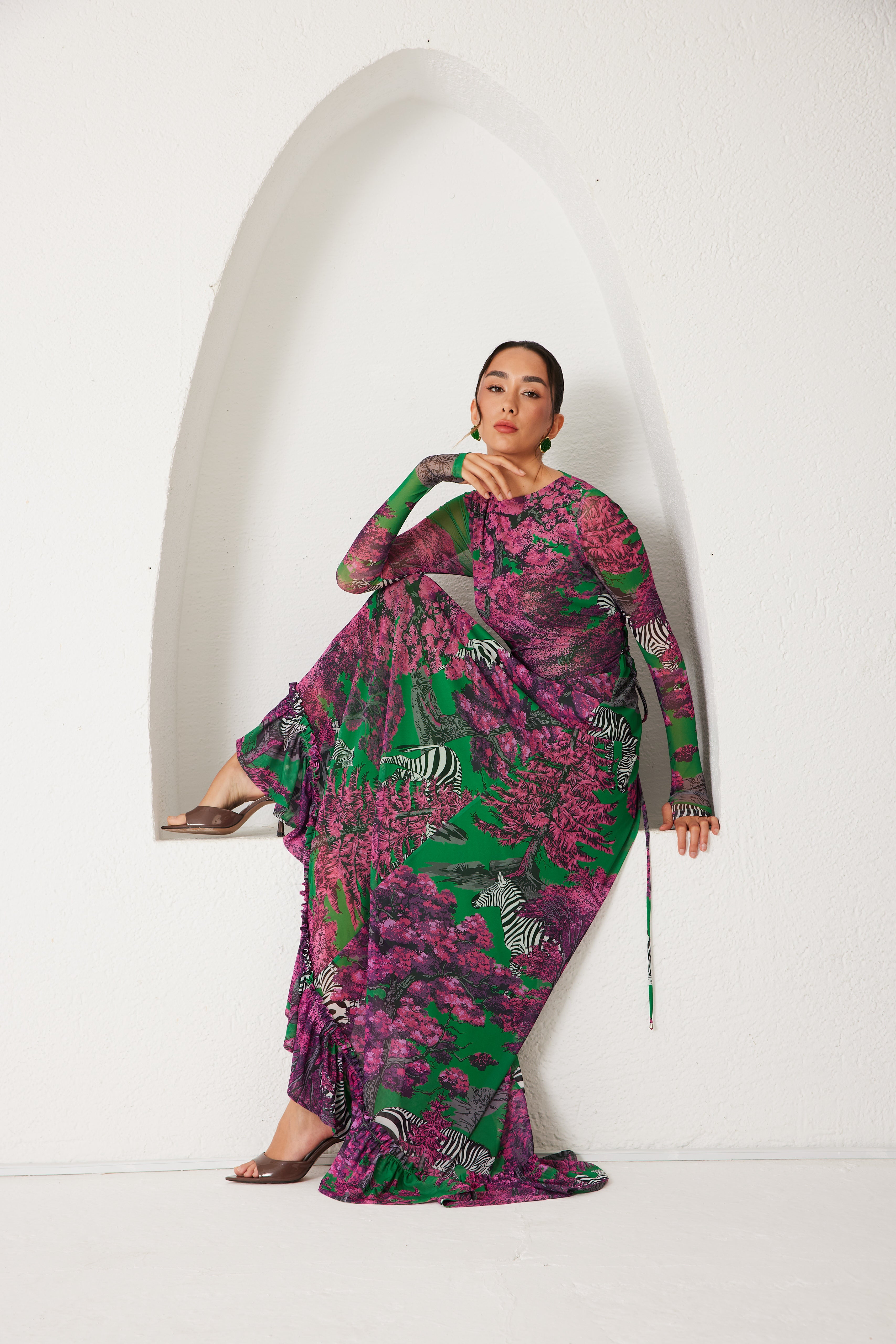 High-Low Dress – Dreamscape Safari- Green/Pink